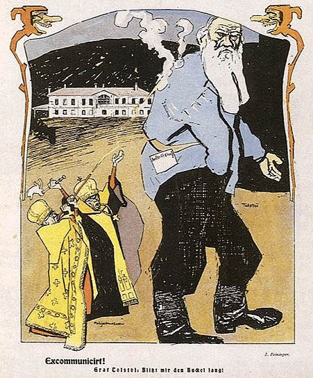 На тему отношений Толстого и церкви было создано немало карикатур. Одна из них принадлежит немецко-американскому авангардисту Лионелю Фейнингеру и называется «Отлученный от церкви», 1901 год