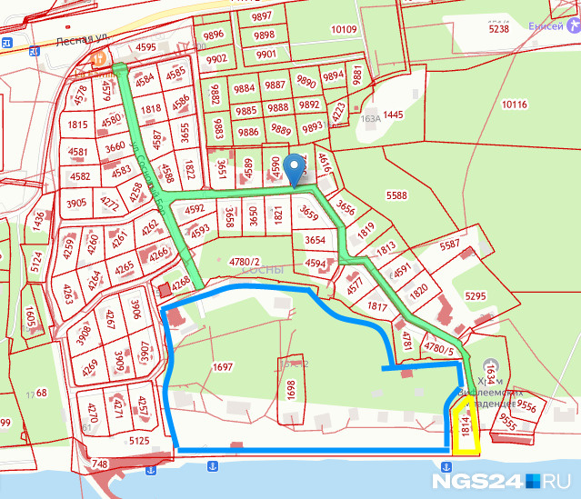 Зеленым выделена дорога внутри поселка, на которую наложен сервитут, голубым — резиденция губернатора, желтым — владения Людмилы Усс