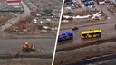 «Даже канавку прорыли»: в Брагине засыпали колдобину, в которой застрял желтый автобус