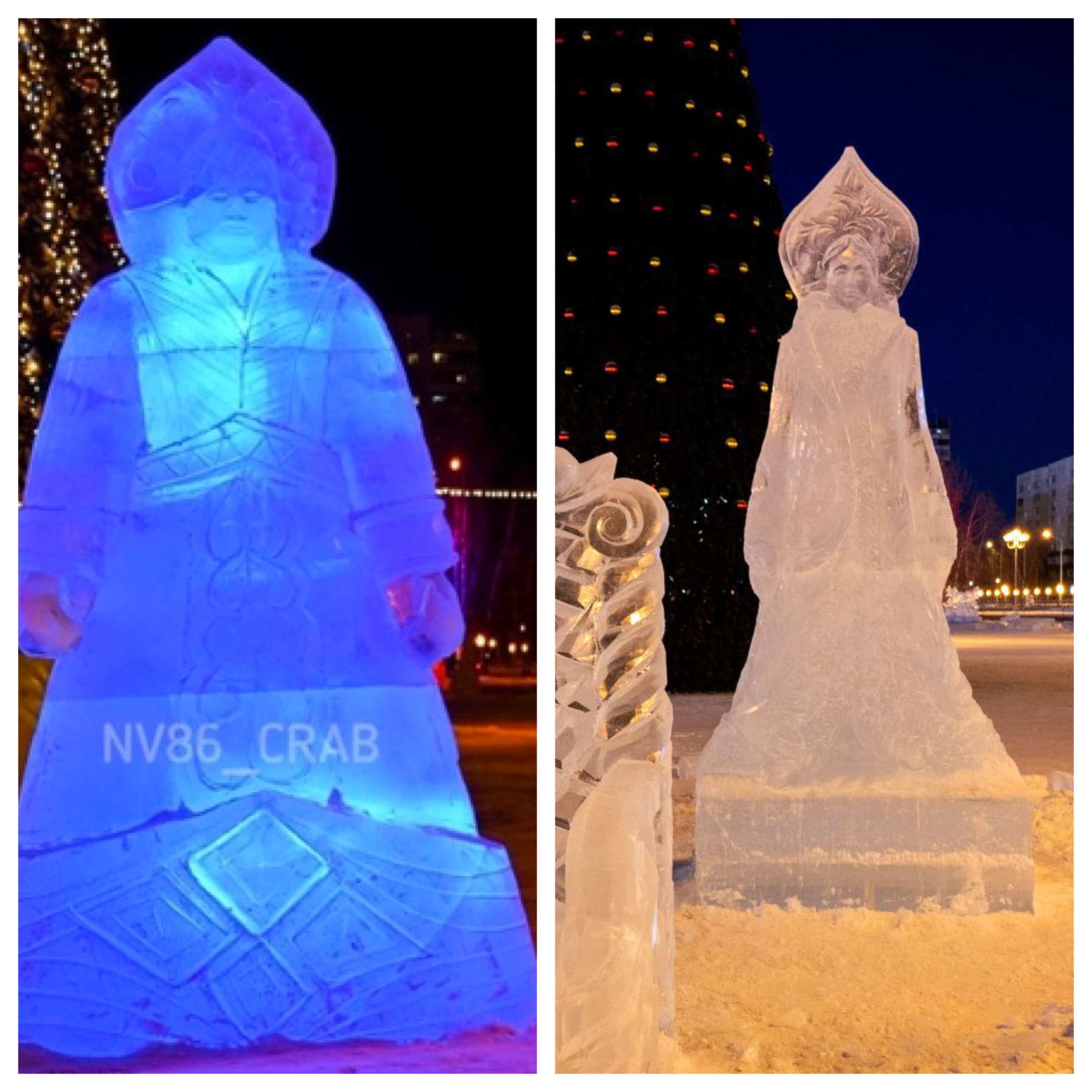 Слева изображена легендарная Снегурочка-Халк из Нижневартовска, справа — скульптура, выполненная в этом году