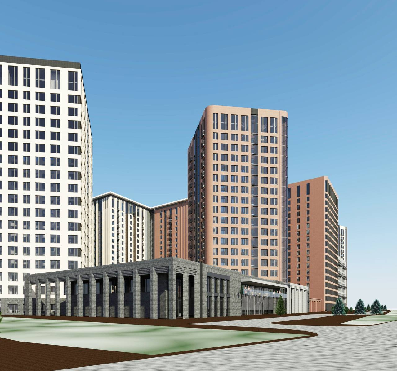 С улицы Фадеева в жилом комплексе построят стилобат (изображен на визуализации), объединяющий несколько зданий — там откроют магазины и общественные пространства
