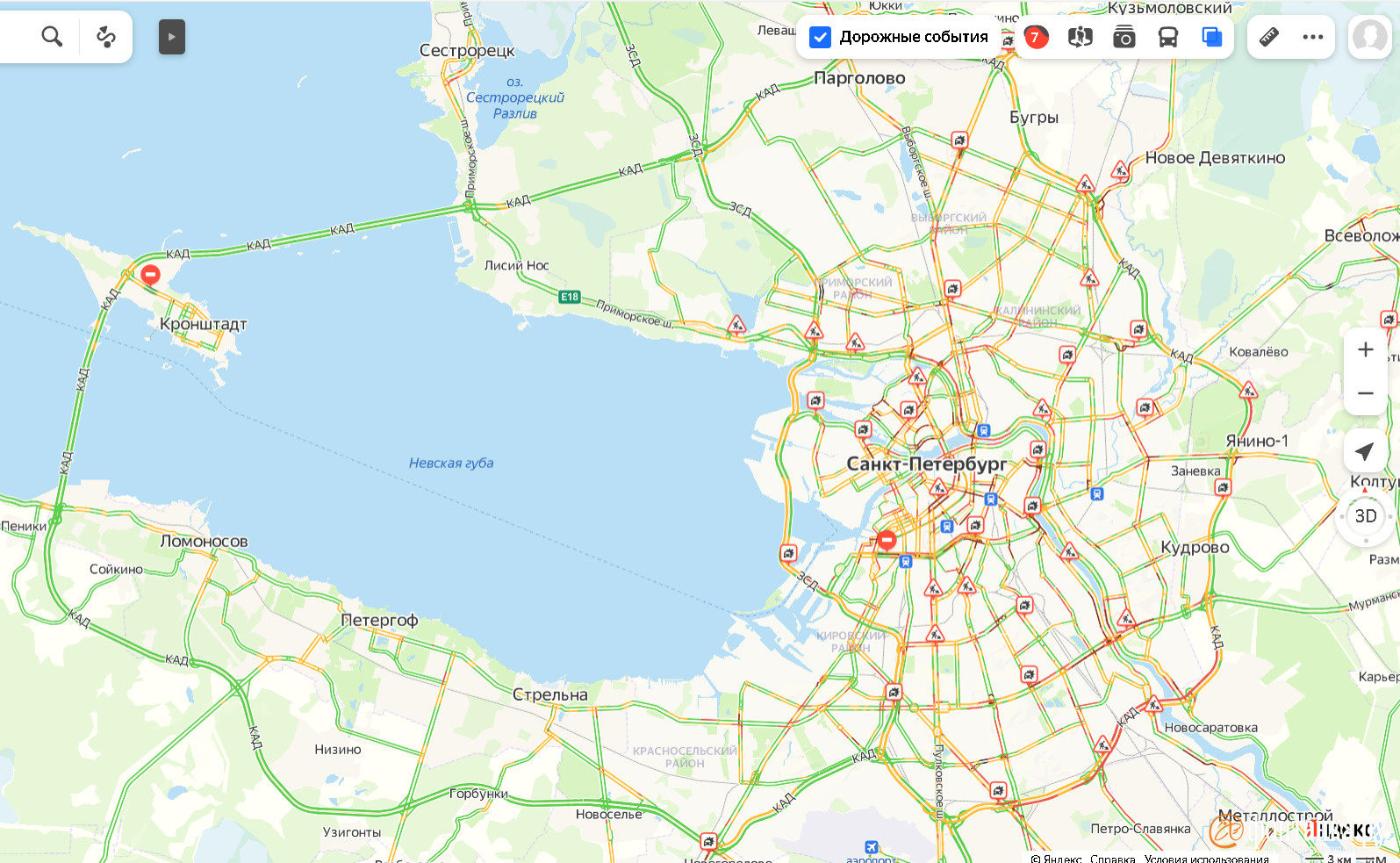 Аномальные пробки окрашивают в желтый и красный карту Петербурга