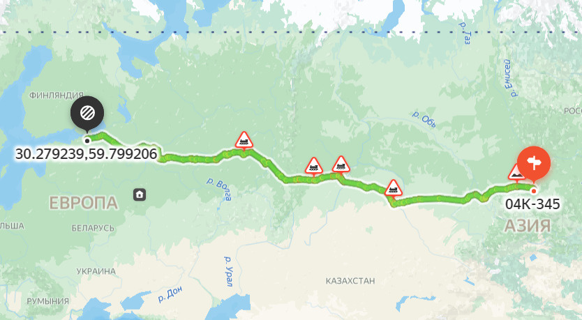 Примерный маршрут путешествия Влада из Красноярска в Санкт-Петербург