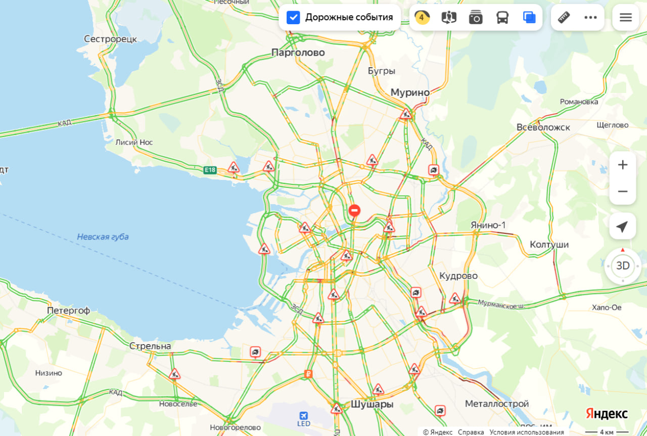 Петербург в снегу. Пробки уже вдвое больше обычного