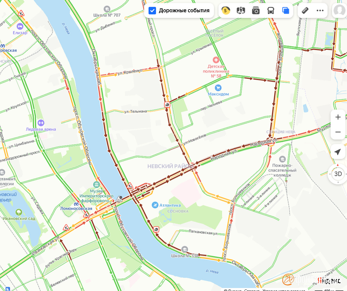 Дорожные работы собрали плотную пробку на Ивановской и Народной улицах  Петербурга - 28 сентября 2023 - ФОНТАНКА.ру