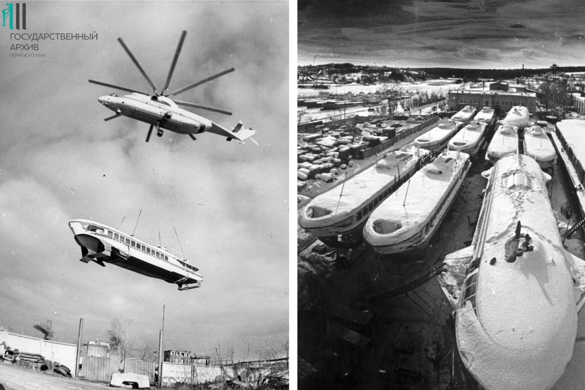 Слева — момент, когда теплоход «Ракета» переносили вертолетом из Заозерья в Кыштым (1995 год), справа — Заозерская ремонтная база (1988 год)