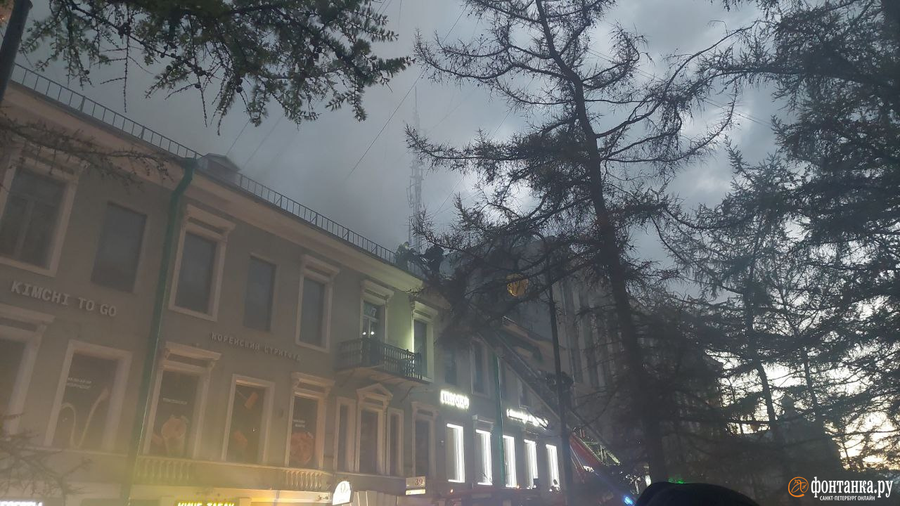 У «Василеостровской» — всё дыму. Пожарные добираются до самой крыши одного из домов
