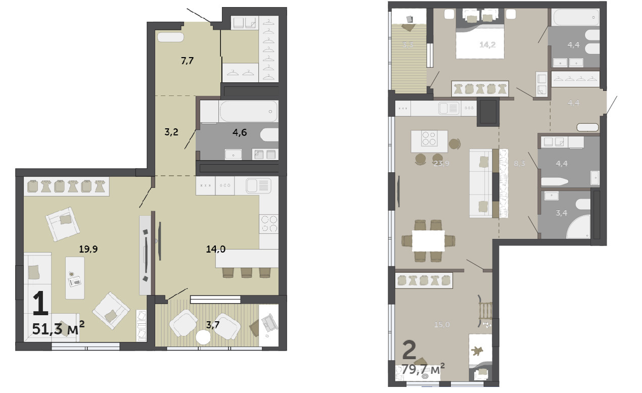 В каждой квартире есть просторная кухня-гостиная и зона прихожей, которая расположена поодаль от жилой части, чтобы уличная пыль не разносилась по дому