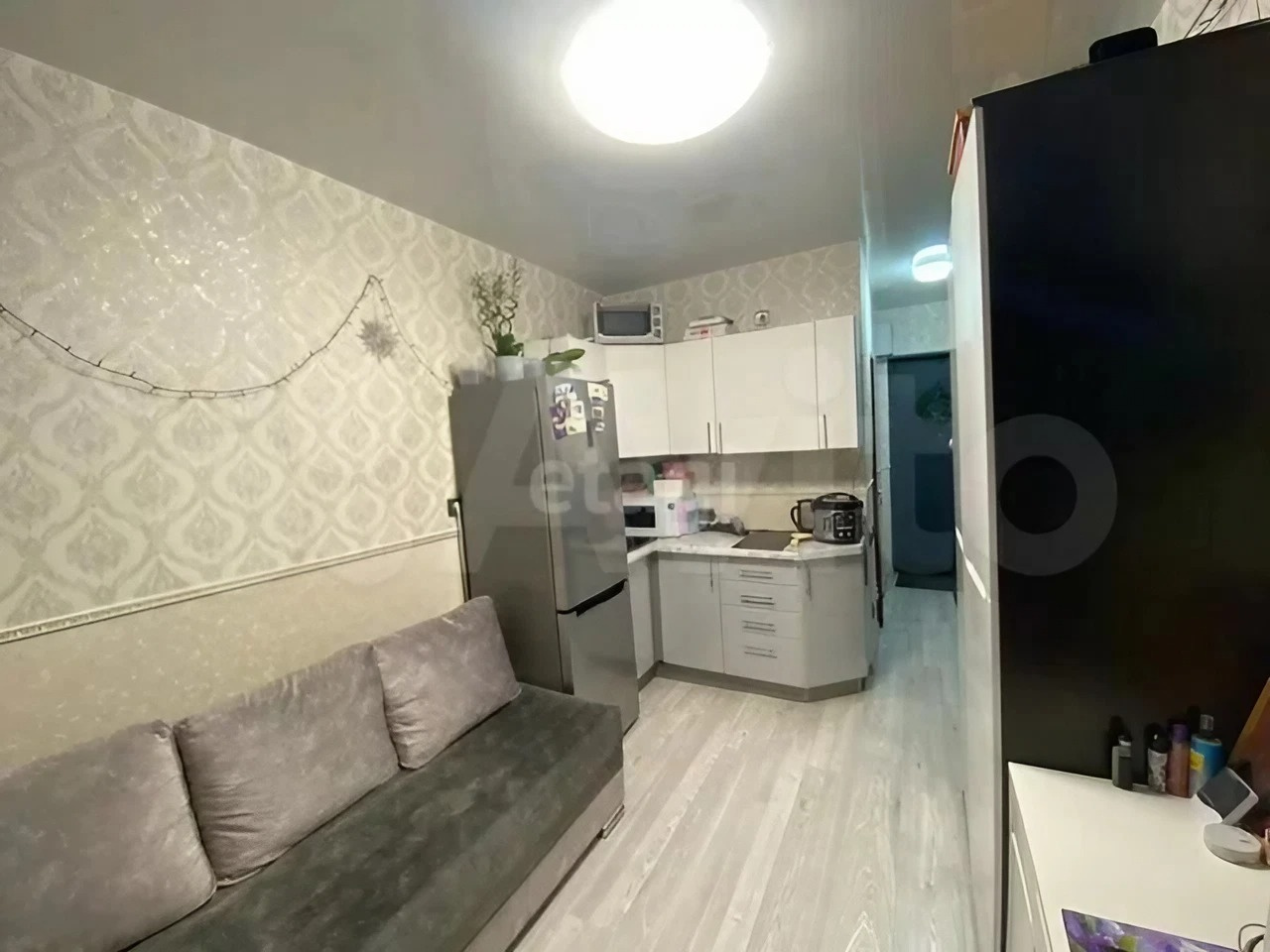 Квартира-студия с небольшим кухонным гарнитуром и необходимым минимумом техники
