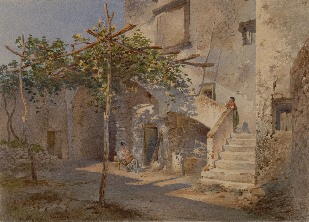 Рахау К. К. Вид итальянского дворика на Капри. XIX век. Бумага, акварель