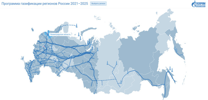 Газовые системы западной и восточной частей России до сих пор друг с другом не связаны. Пунктирными линиями обозначены лишь перспективные направления