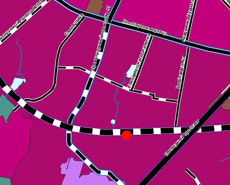 Красная точка — это участок Кимбрата. Черно-белые полосы — это будущие дороги