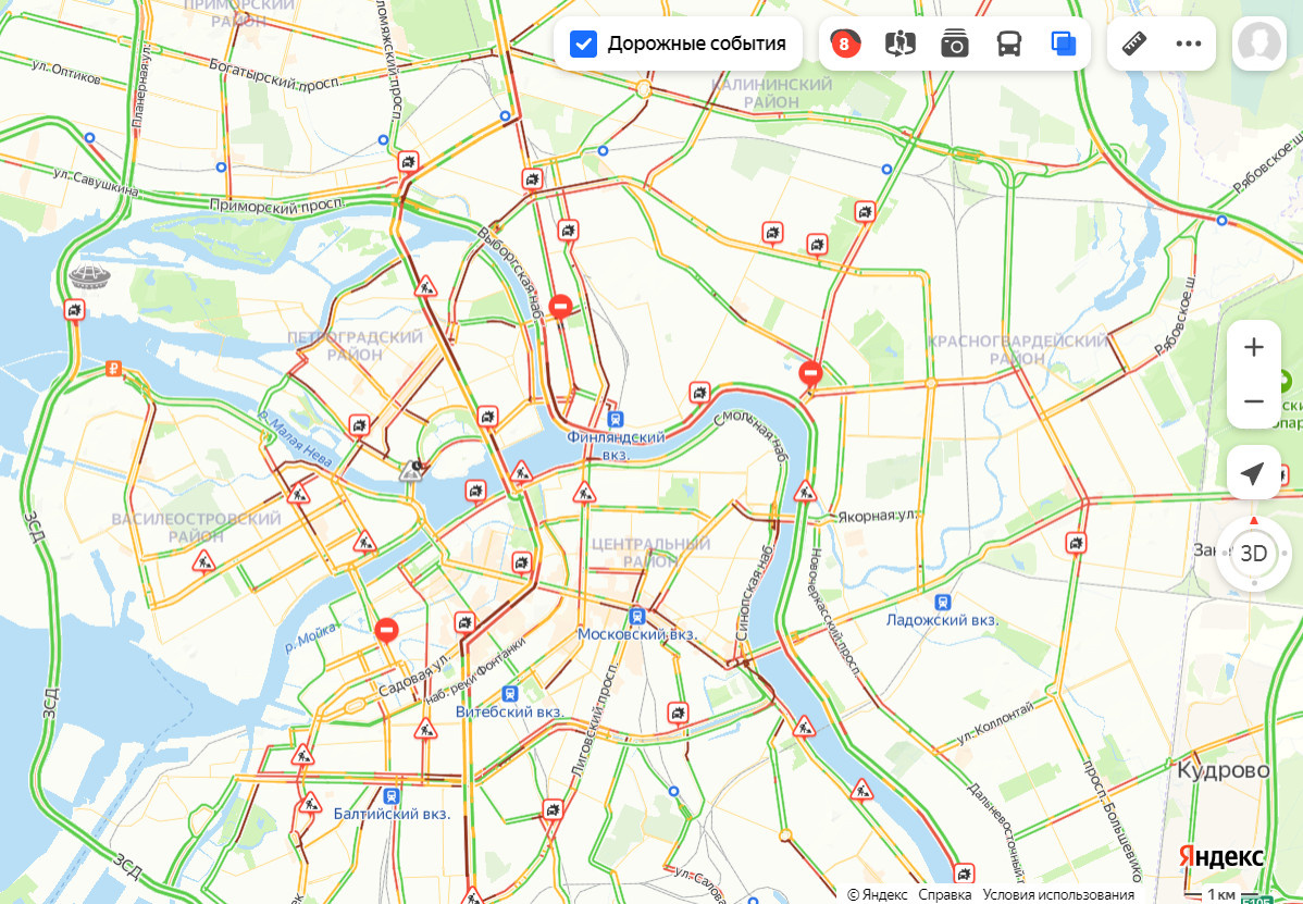 Пробки в Петербурге — уже 8 баллов. На Витебском коллапс, центр стоит