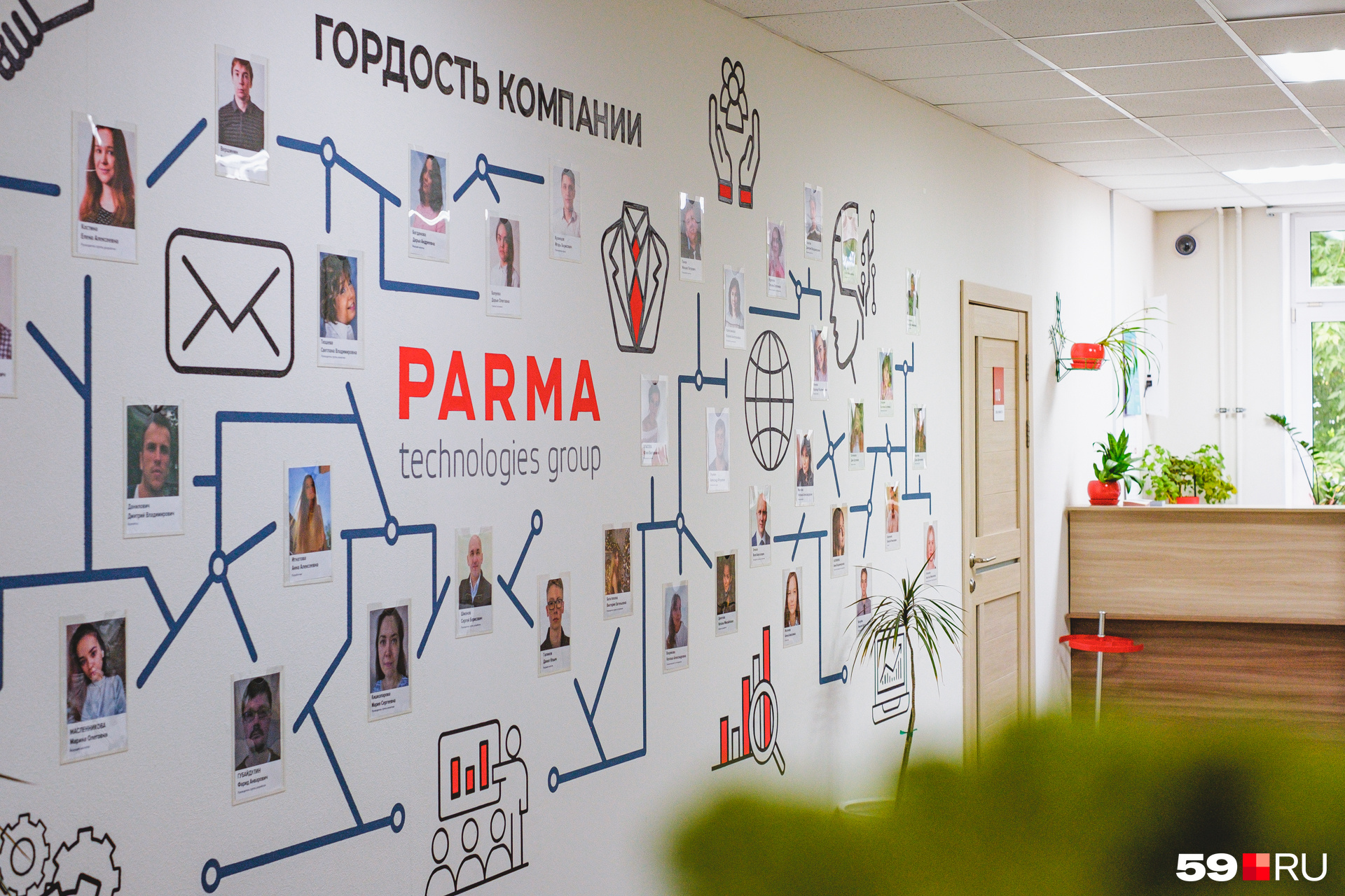 Стена «Гордость компании» оформлена в фирменных цветах компании: красном, темно-синем и белом