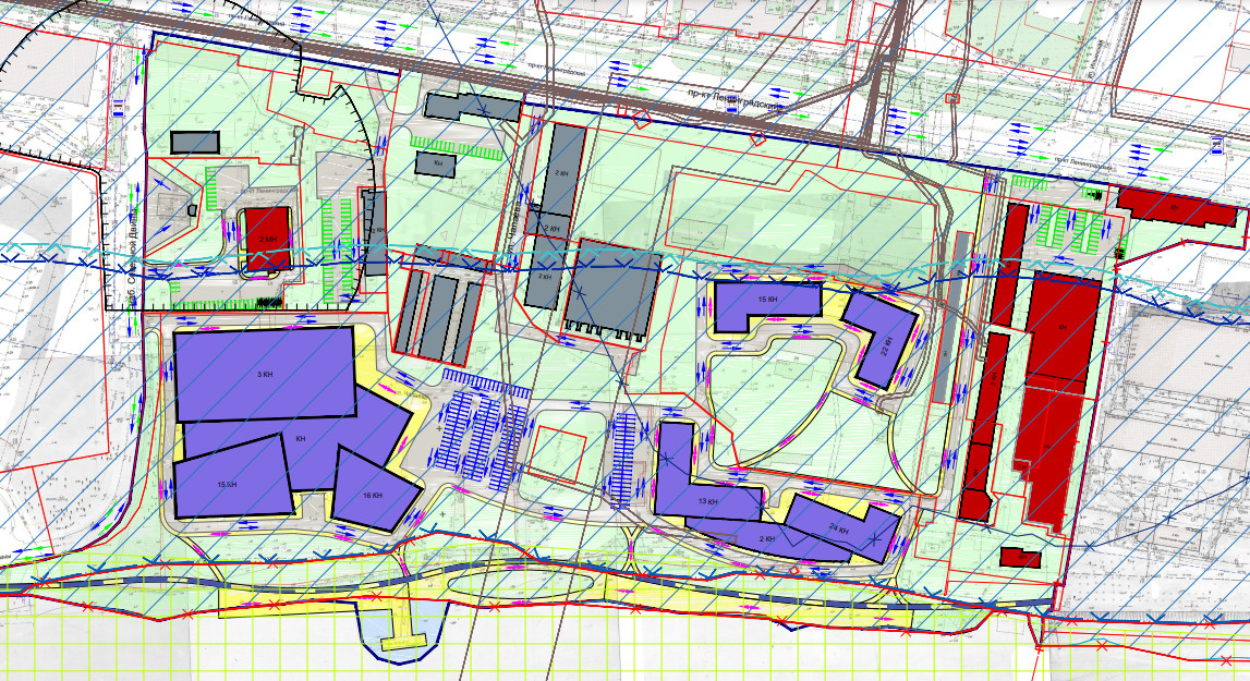 А так все выглядит на чертеже в проекте. Фиолетовым цветом отмечены здания, где будет часть вуза, красным — здания «общественного назначения»