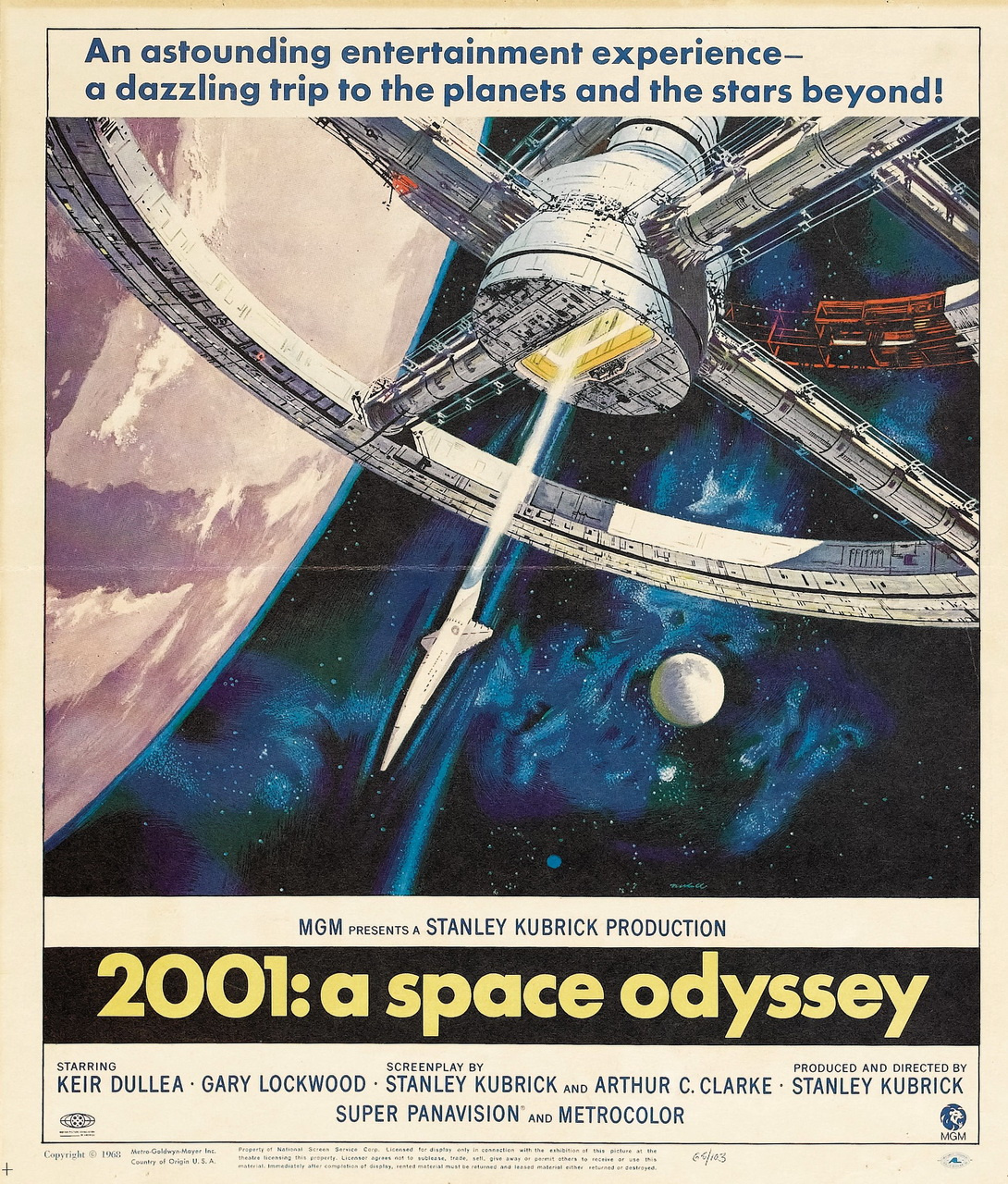 Оригинальный постер к фильму Кубрика со слоганом «Потрясающее развлечение — ослепительное путешествие к планетам и звездам за их пределами!»