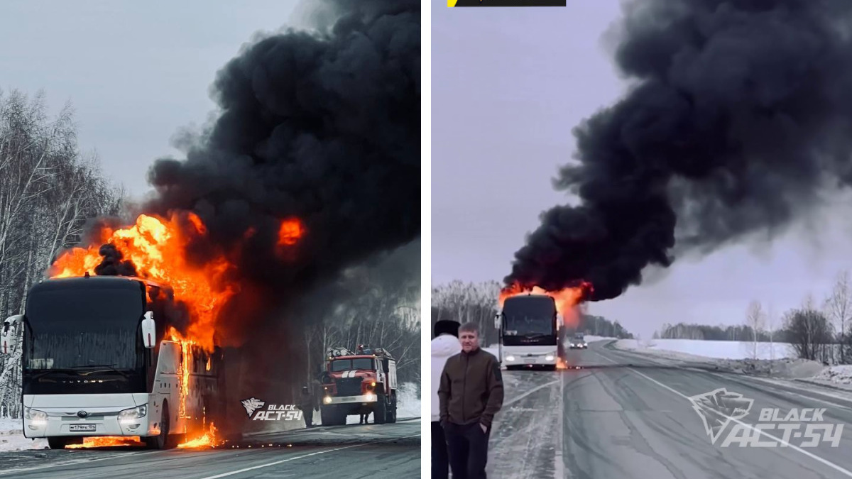 «Он был весь в огне»: на трассе загорелся рейсовый автобус до Новокузнецка — видео пожара