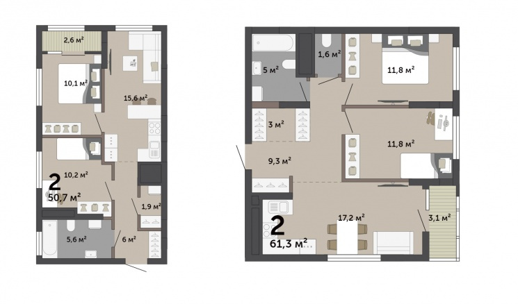 Это две двухкомнатные квартиры с кухнями-гостиными, но разница в площадях — почти <nobr class="_">10 кв. м</nobr>. Выбор есть даже внутри формата