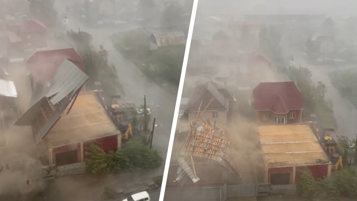 На видео попал момент, как ураганный ветер сносит крышу с дома на Николая Островского — впечатляющие кадры