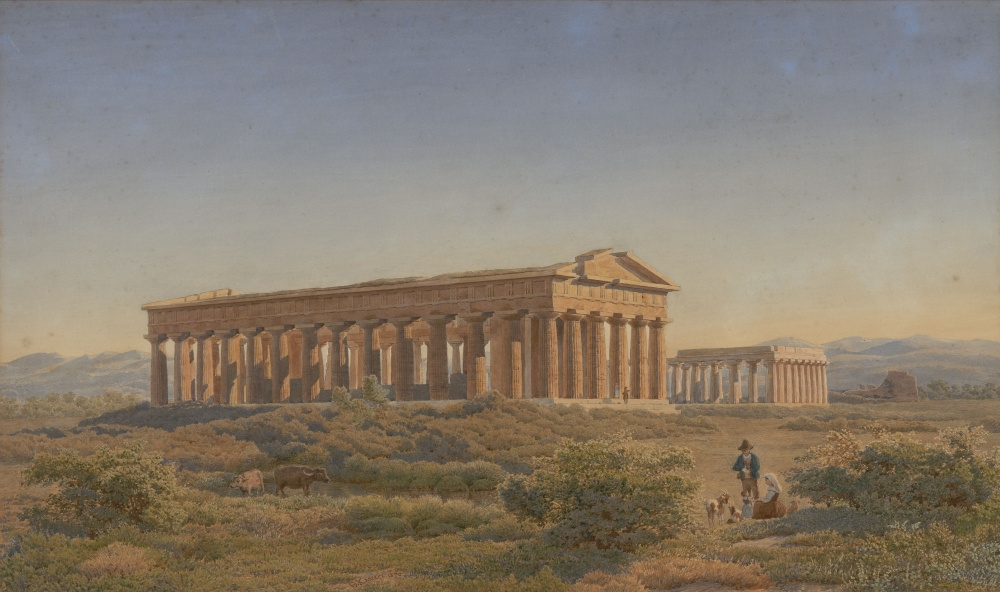 Клагес Ф. А. Вид храма Посейдона и базилики в Пестуме. 1870. Бумага, акварель
